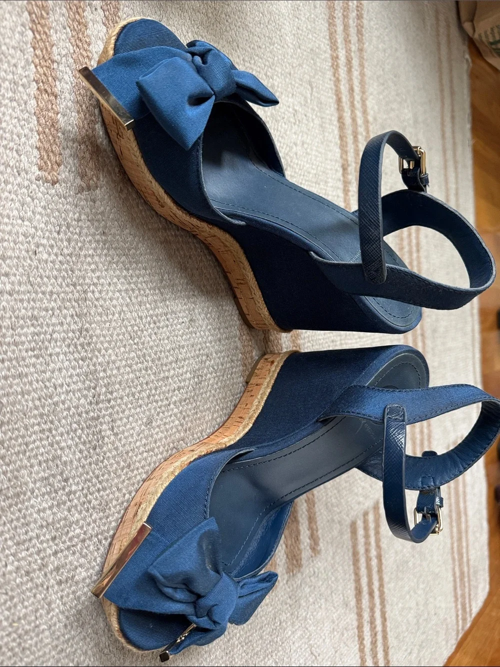 Tory Burch Navy Bow Slingback Wedge Sandals